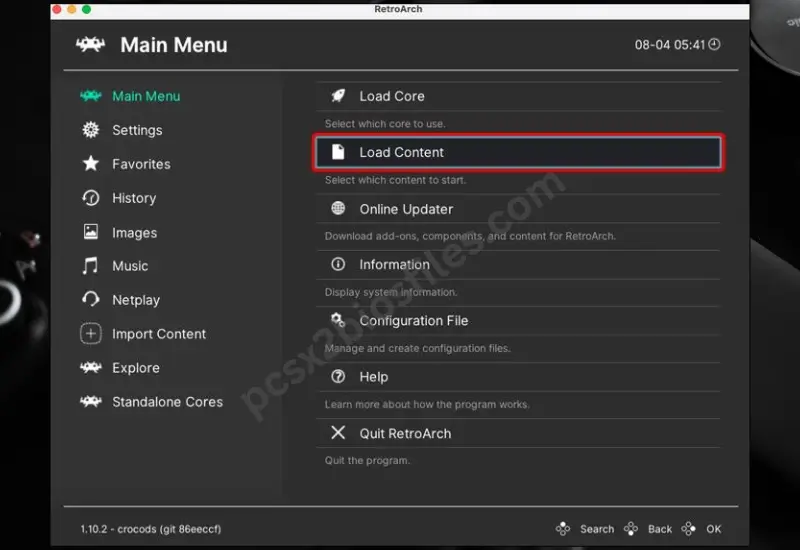 RetroArch Load Content browser for selecting a compatible PS2 game image.