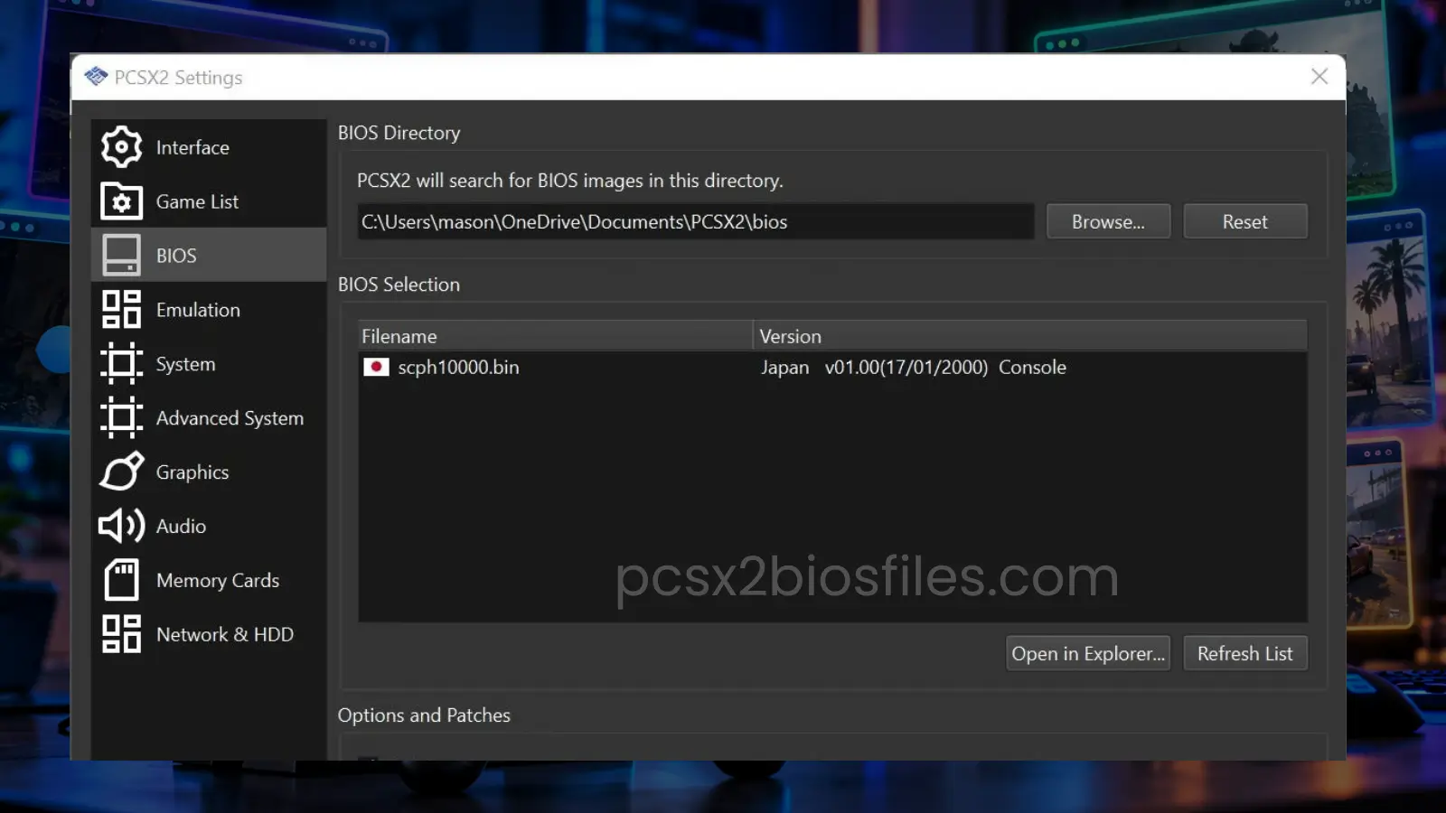 PCSX2 BIOS configuration showing Japanese PlayStation 2 BIOS version and directory.