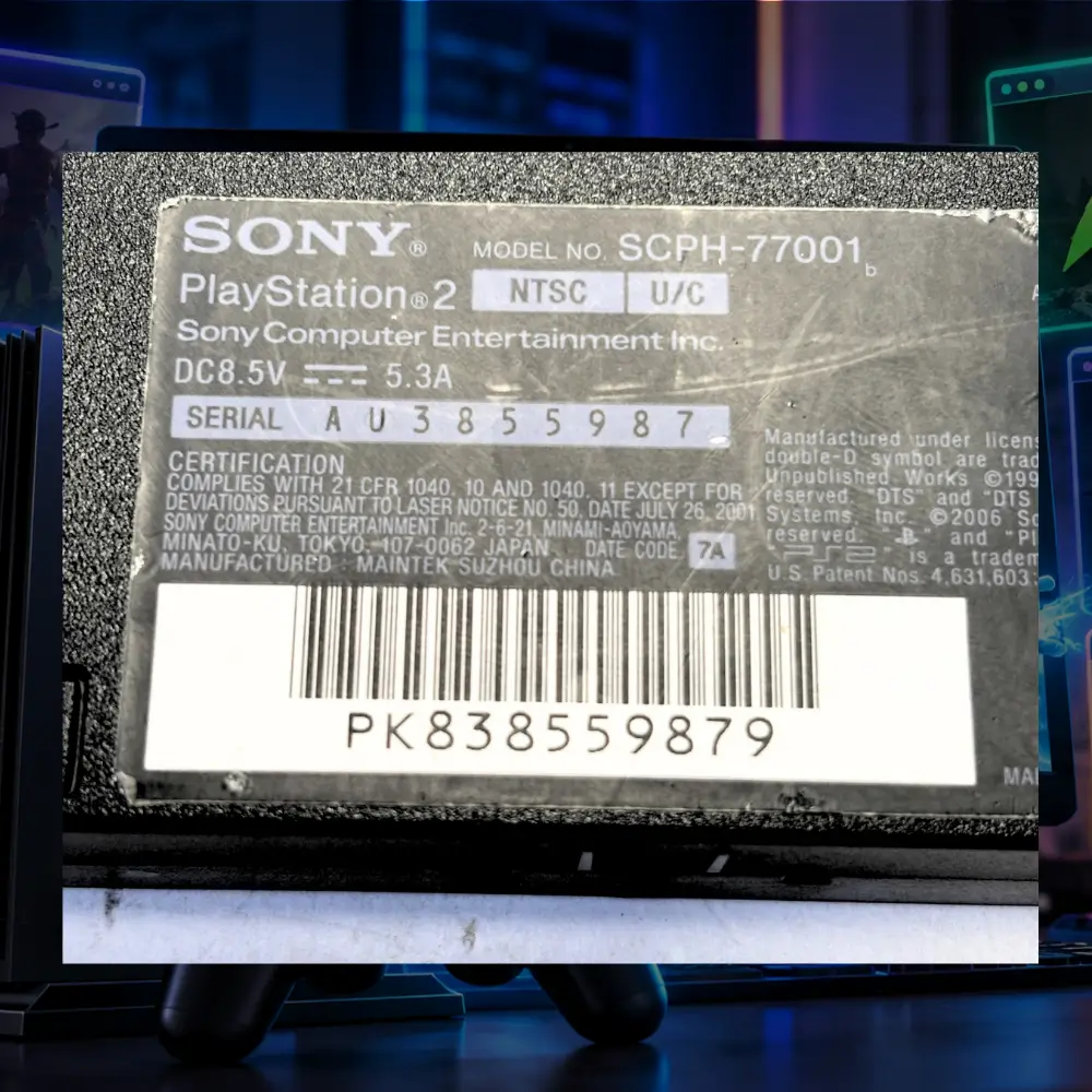Sony PlayStation 2 SCPH-77001 console model label showing NTSC-U/C region.
