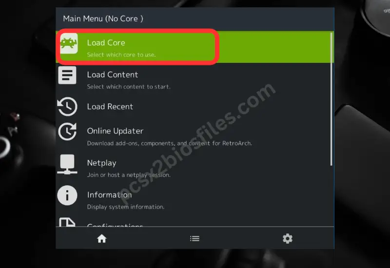 RetroArch Android Load Core menu showing available emulator cores.