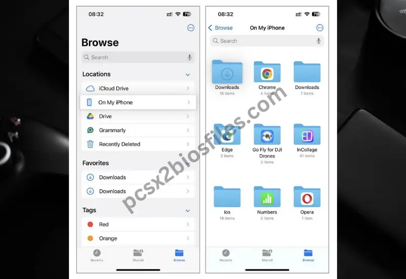 Apple Files app showing the RetroArch folder under On My iPhone.