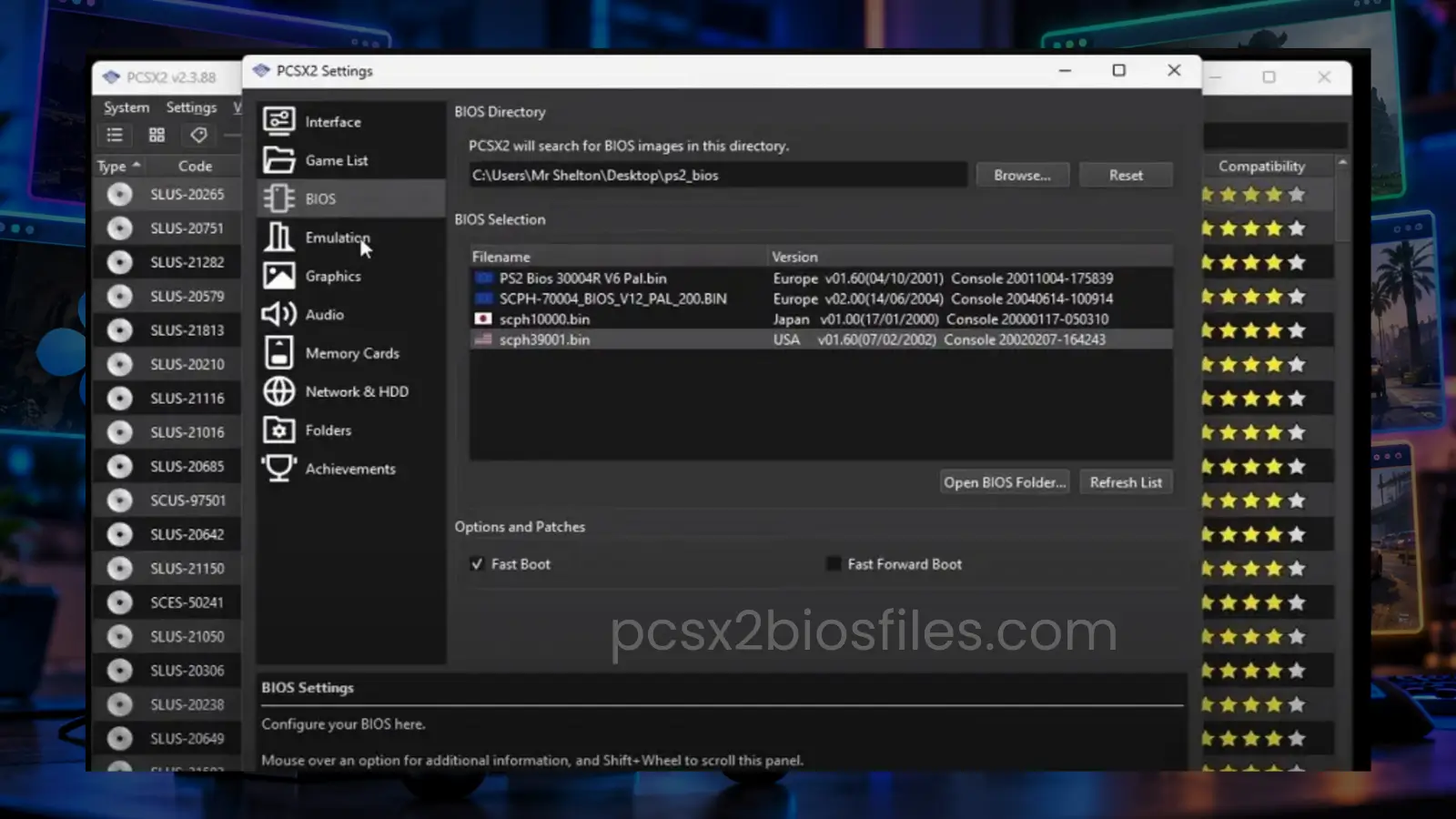 PCSX2 BIOS settings showing USA, Europe and Japan PS2 BIOS regions and firmware versions.