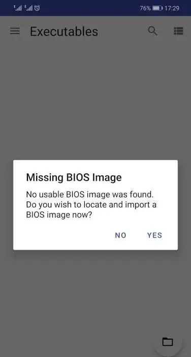 AetherSX2 Android emulator showing the Missing BIOS Image error with options to import a PS2 BIOS file.