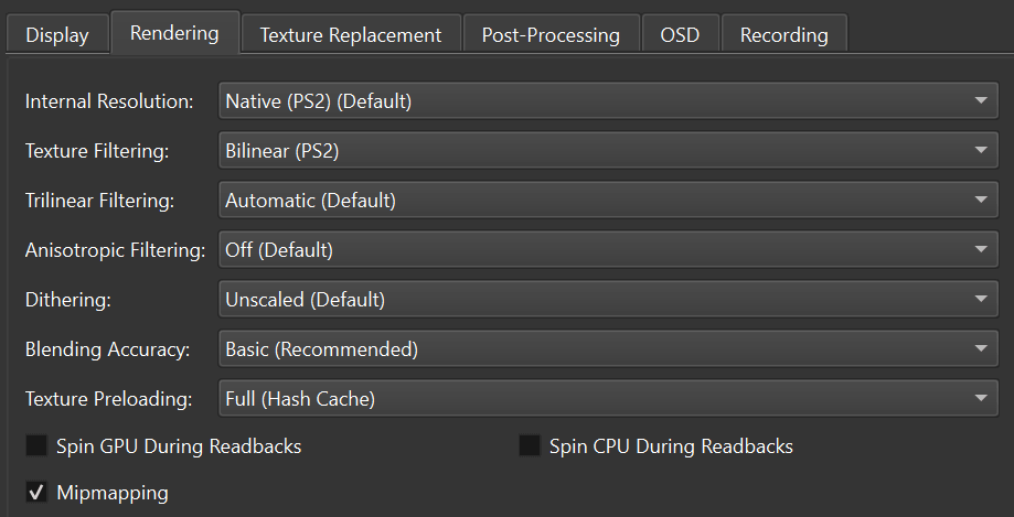 PCSX2 advanced graphics settings showing texture filtering, blending accuracy, and rendering options