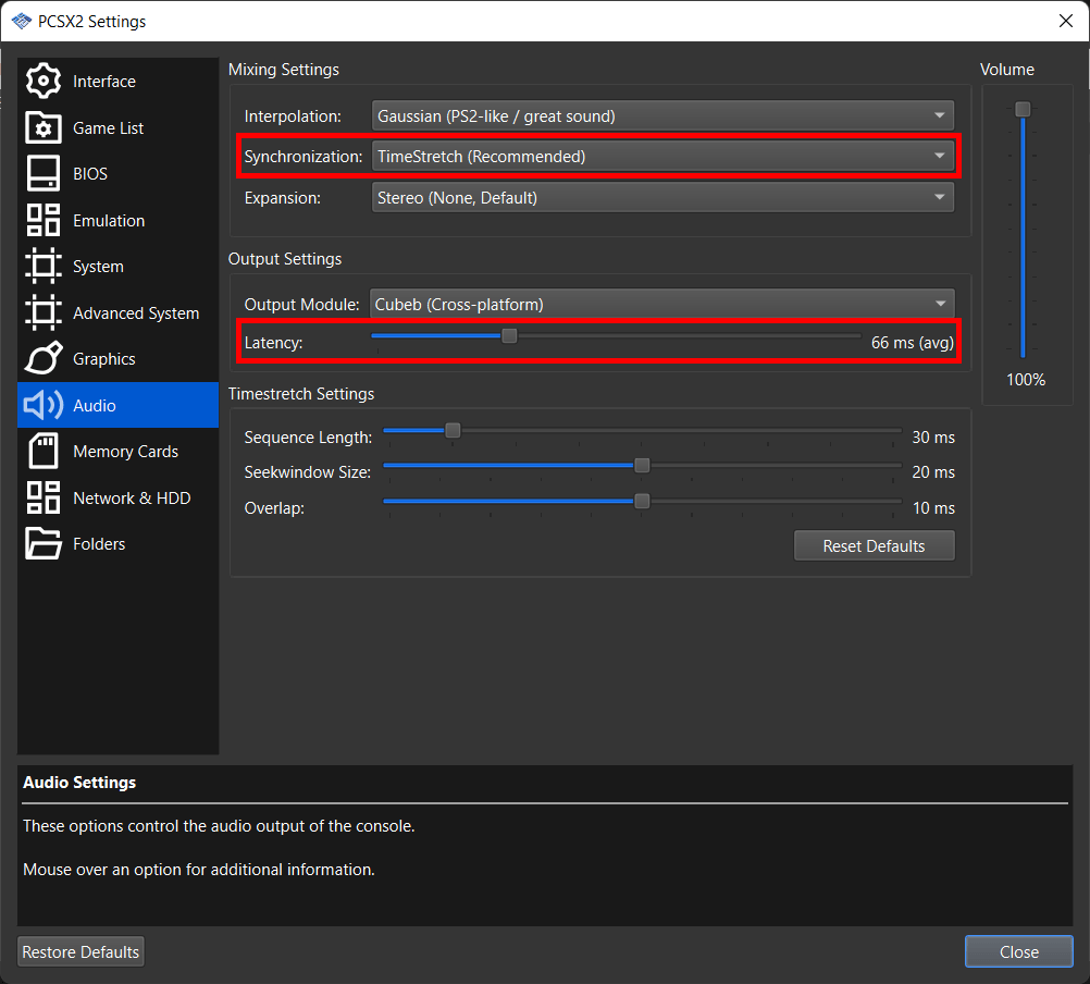 PCSX2 audio settings panel showing sound output, synchronization, and latency options for PS2 emulation