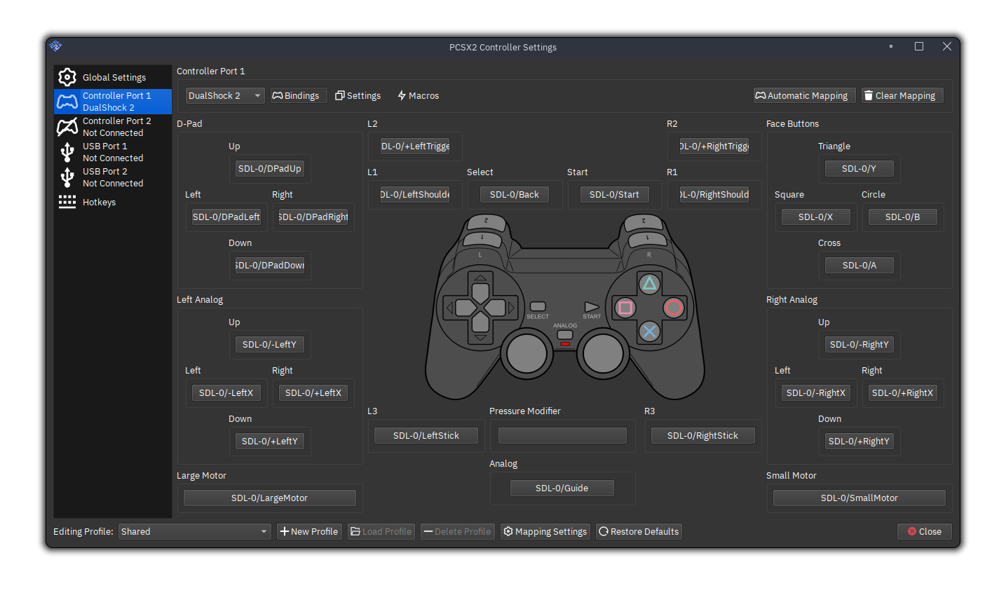PCSX2 controller settings showing gamepad detection, button mapping, and controller port configuration