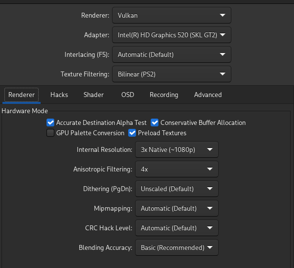 PCSX2 graphics settings showing Vulkan renderer, internal resolution scaling, and graphics configuration options