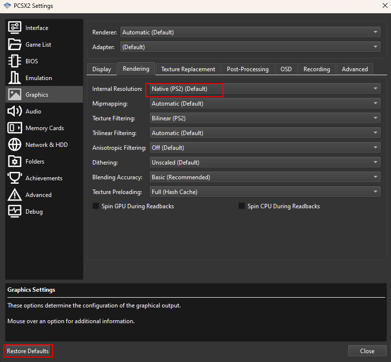 PCSX2 GSdx graphics plugin settings showing renderer selection and internal resolution options in an older PCSX2 version