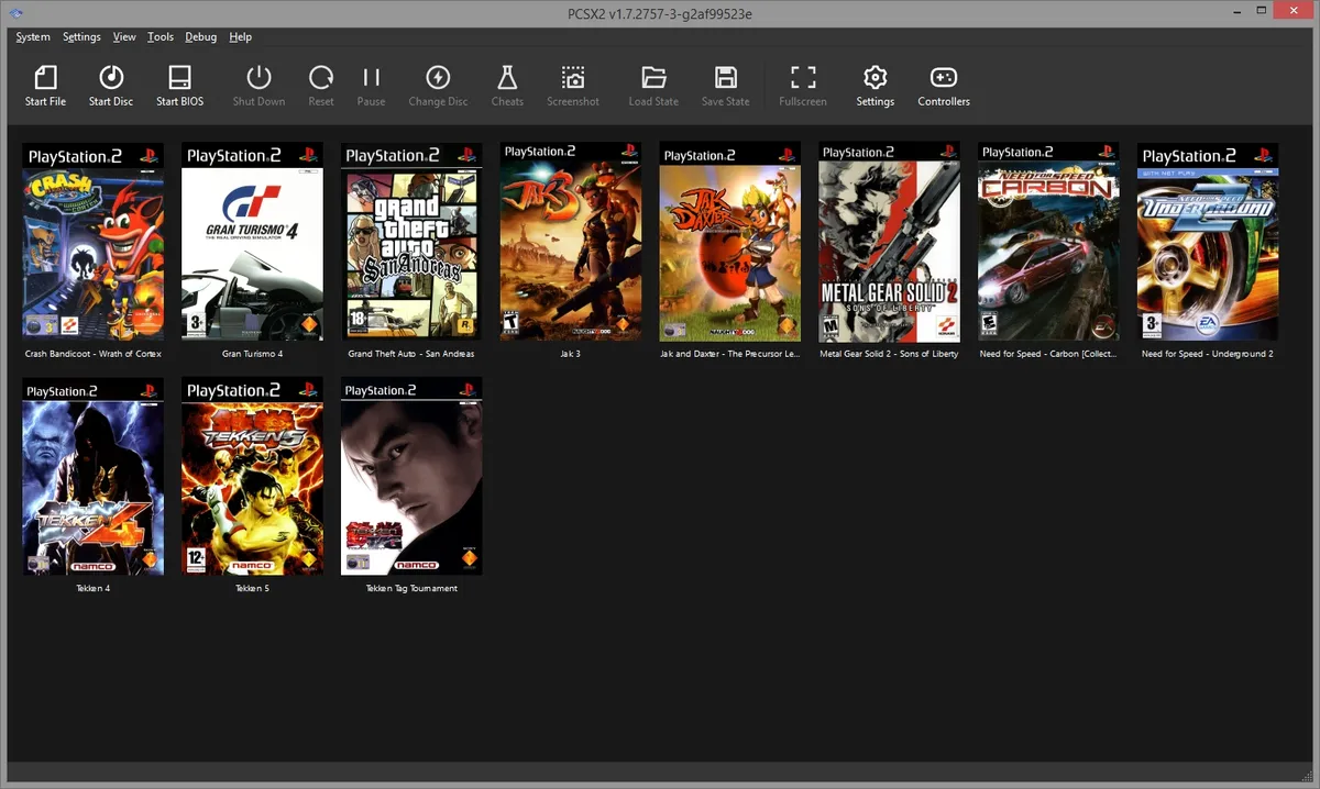 PCSX2 game library interface displaying PlayStation 2 games and ISO files ready to launch